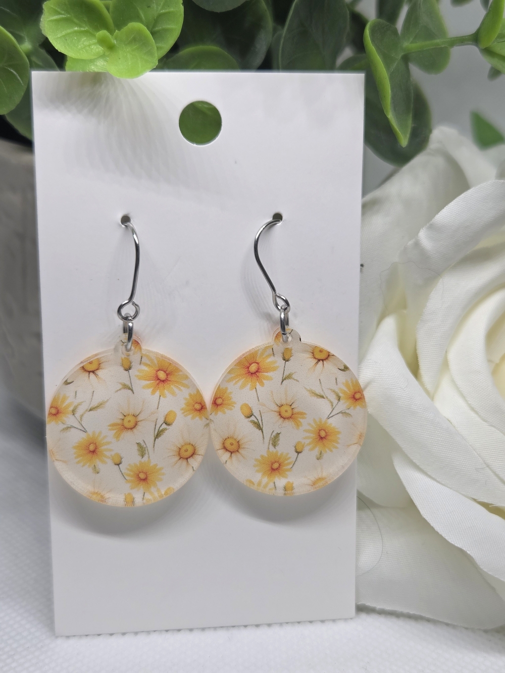 Floral Yellow Daisy Round Drop Earrings